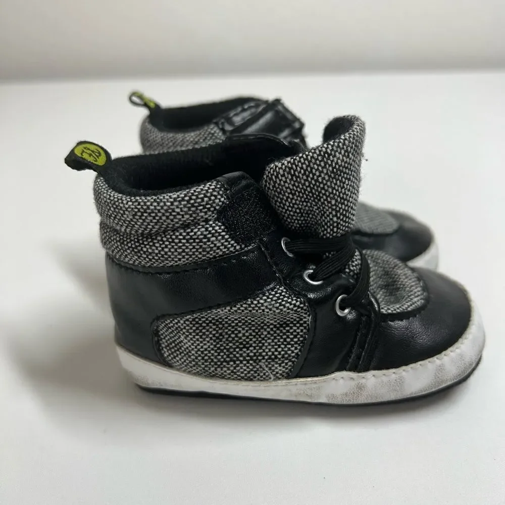 First Steps Toddler Baby High Tops Ankle Sneakers Soft Black Gray Size 9-12 m